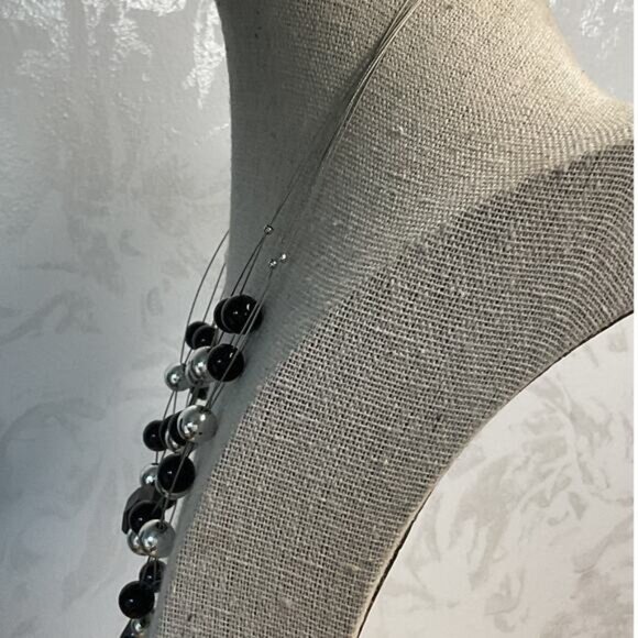Black and Silver Beaded Invisible Floating Layered Bib Necklace - Picture 3 of 5